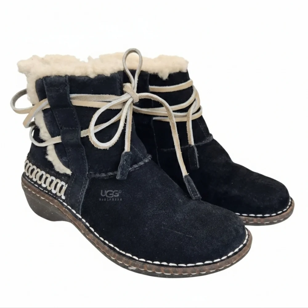 UGG Australia RARE Navy Suede Sunburst Lace Up Boots Women's 6